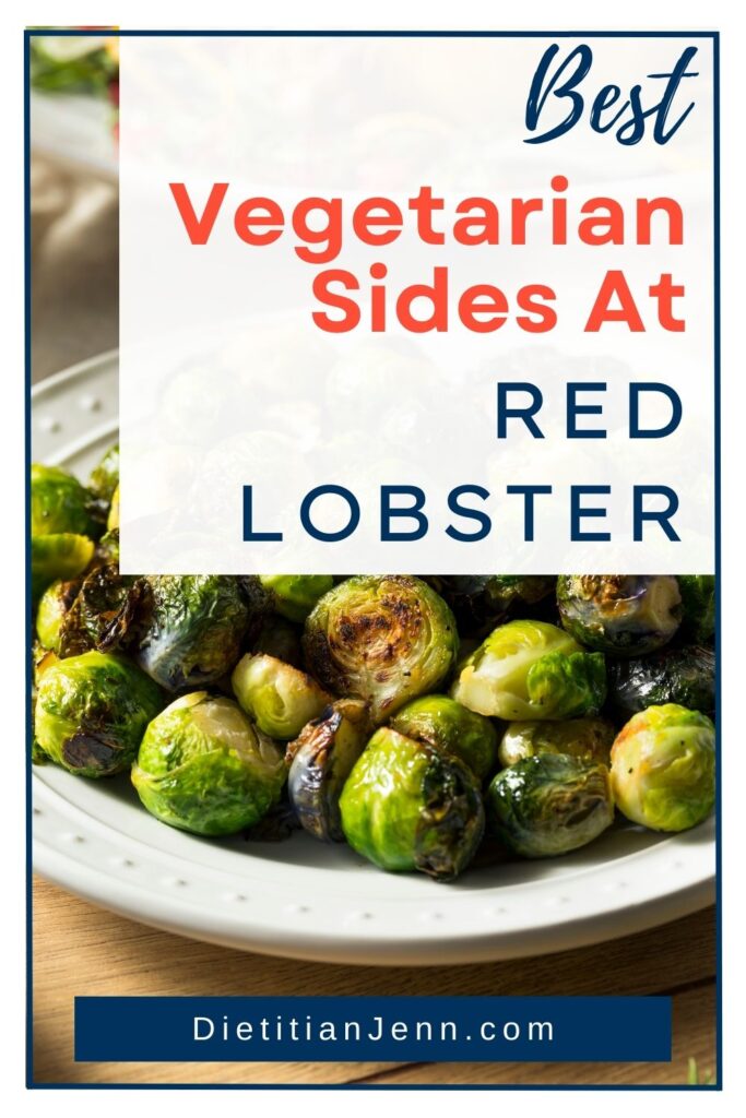 crispy roasted brussels sprouts on a white plate on a light wooden surface. overlaid text reads, "Best Vegetarian Sides at Red Lobster"